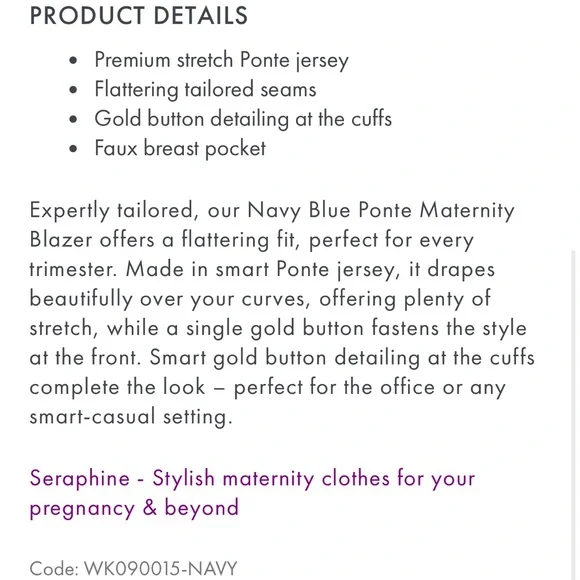 Seraphine Maternity Navy Tailored Gold Button Jacket US Size 4 - Picture 4 of 5